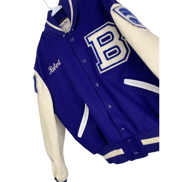 Vintage 90s DeLONG Mens Varsity Letterman Jacket Mr Warren Wool Leather M/L Blue - Picture 8 of 10